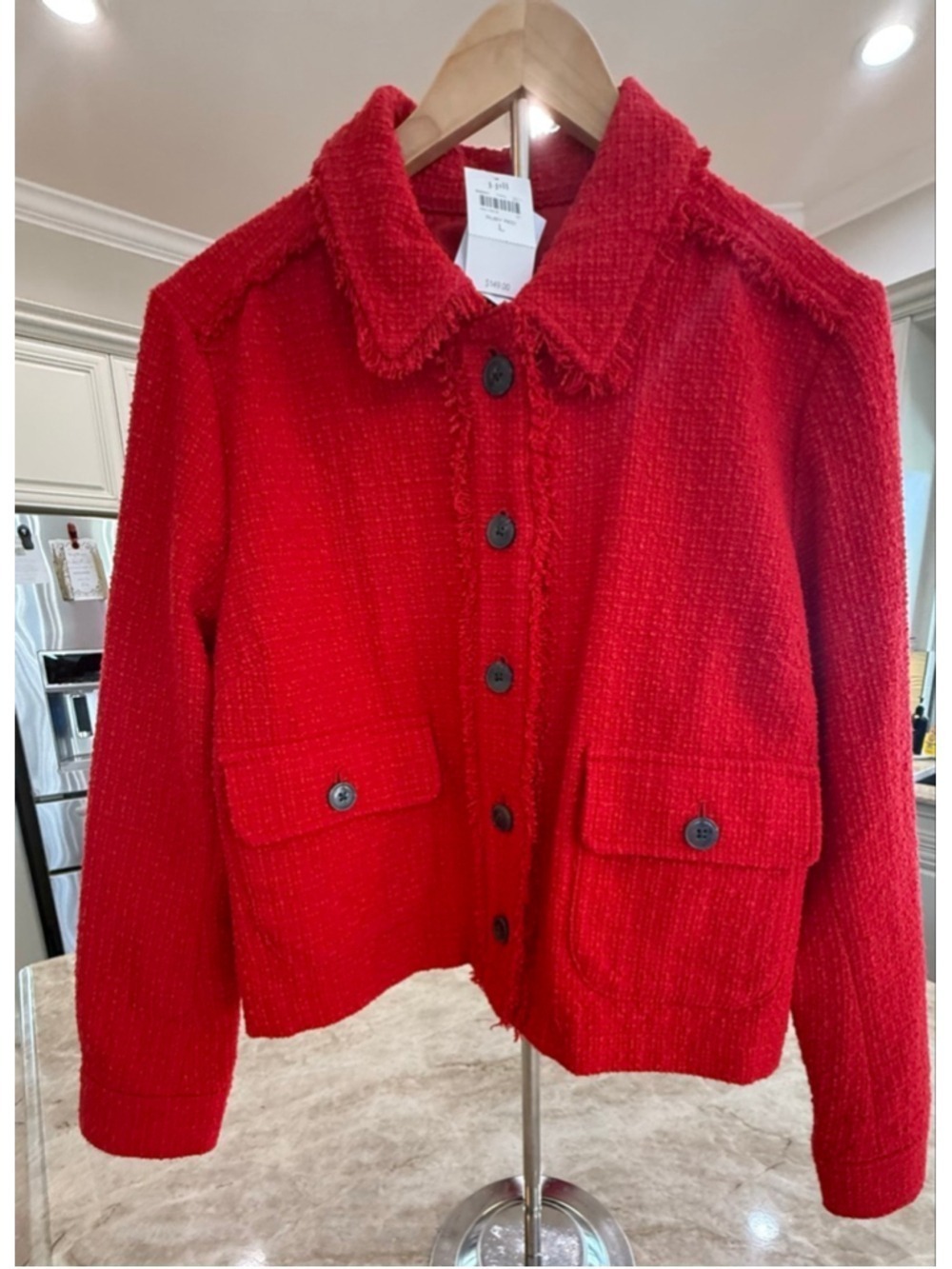 J.Jill Ruby Red Tweed Blazer Jacket L, fringe lined New